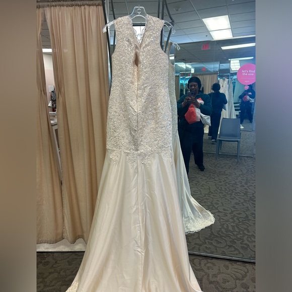 Champagne color gown with an Appliqué bodice, sweep train, scalloped bottom. - Picture 2 of 10